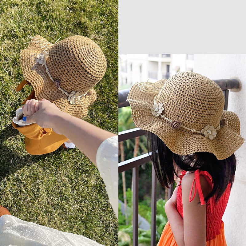 Bienvenu Kids Summer Wide Brim Hat Bowknot Beach Sun Protection Hats for Girls,Khaki - Image 2